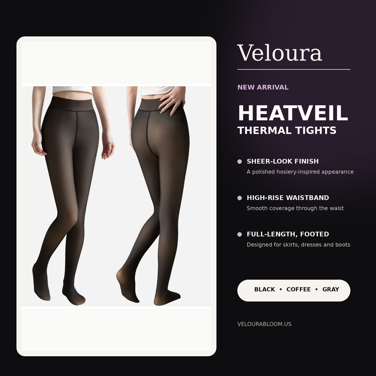 Veloura HeatVeil sheer-look thermal tights in Black, with front and back views
