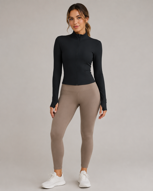 Model wearing the Veloura Sculpt Long-Sleeve Jacket in black